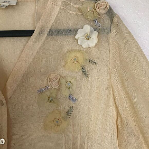 J. Jill Sheer Flax Woven 3/4 Sleeve Button Up Embroidered, Appliqué Top Size M - Picture 4 of 14